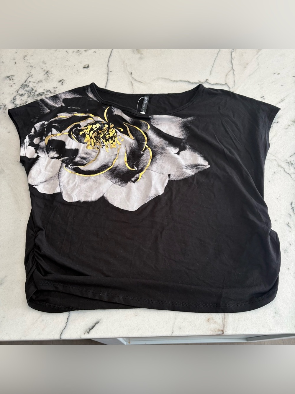 Edista Black Scoop Neck Top with White Floral and Gold Detail